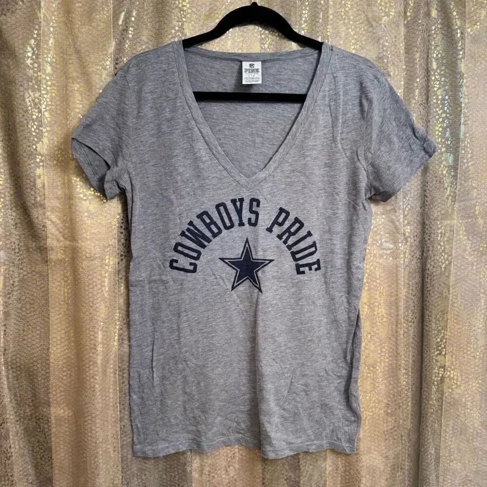 PINK Victorias Secret Gray Blue Dallas Cowboys Pride V neck T Shirt Large‎